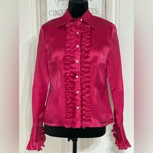 Talbots Pure Silk Fuchsia Pink Ruffled Button Up Blouse NEW w/tags Sz 4
